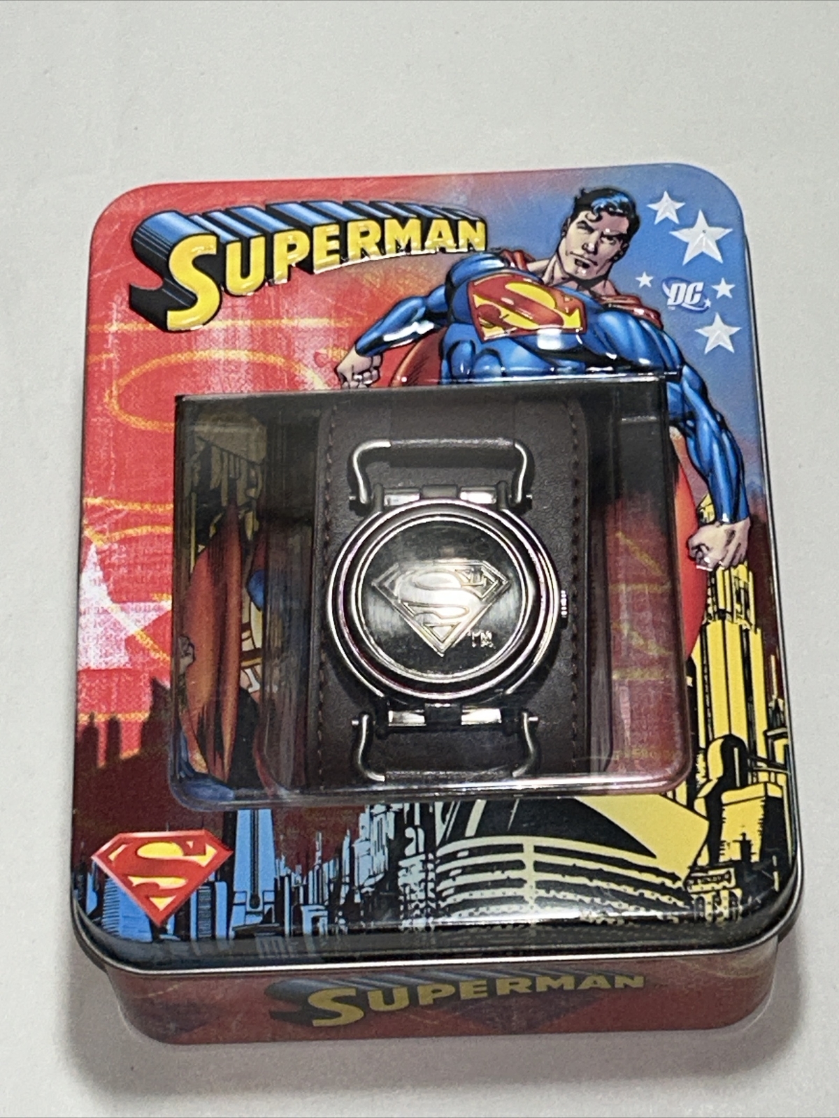 Rare Superman Flip Top Covered Leather Cuff Watch in Decorative Display Tin