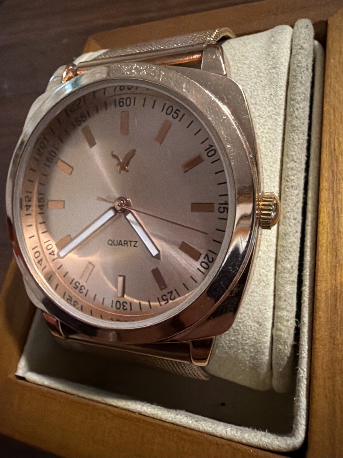 American Eagle Women’s Rose Goldtone Watch, Metal Mesh Buckle Band, WORKING!