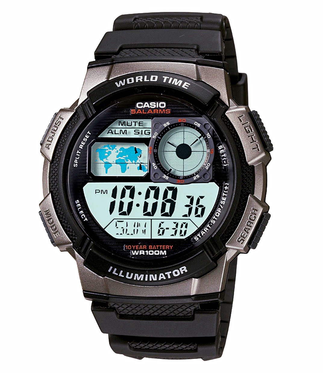 Casio AE1000W-1B World Time Quartz Digital 100m Resin Strap Black/Gray
