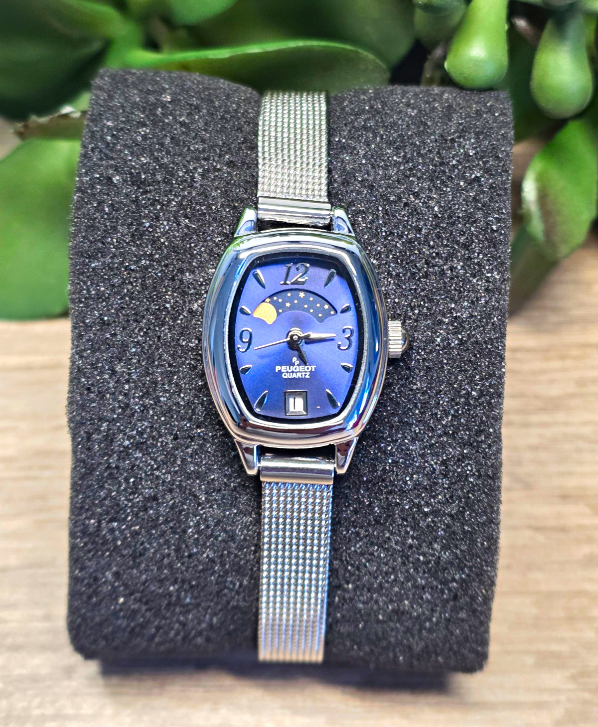 Peugeot 712 Quartz Moon Phase Date Blue Dial Silver Stainless Bracelet w/Box