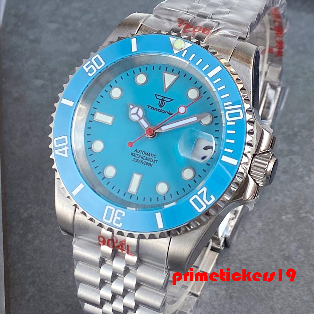 Tandorio NH35 Sky Blue Date Men 40mm Automatic Watch Ceramic Bezel Sapphire Lume