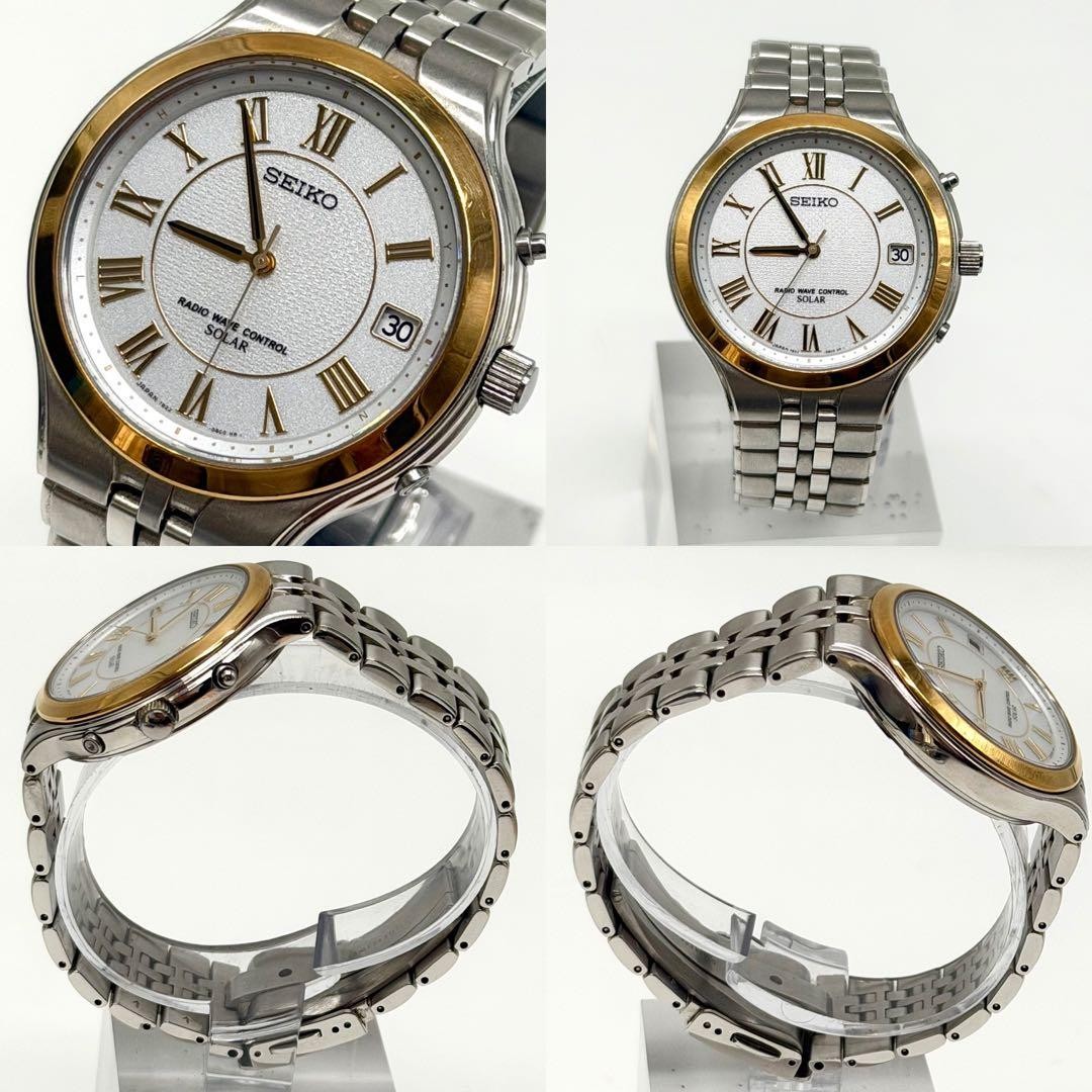 Seiko 7B22-0AM0 Radio Wave Solar Watch Roman Numerals Gold Silver Japan 071239