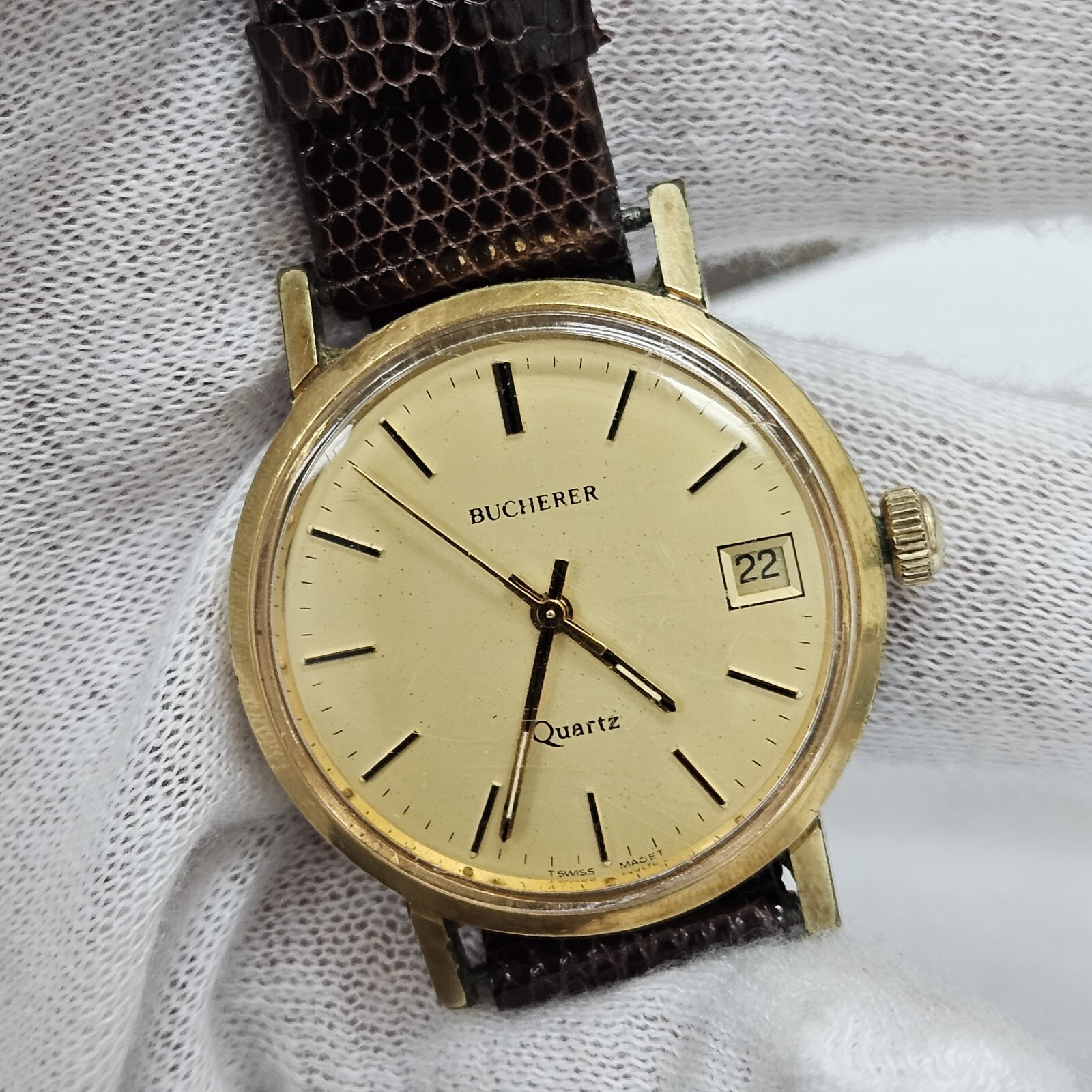Vintage Bucherer Golden Date Dial Quartz Gold Tone Men’s Wrist Watch New Battery