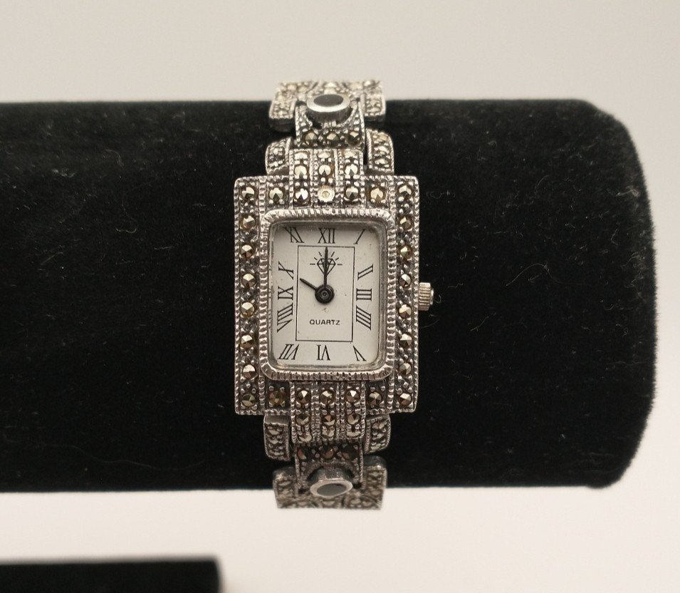 925 STERLING SILVER Marcasite & Onyx Women’s Watch, for Scrap/Repair, 36.38grams