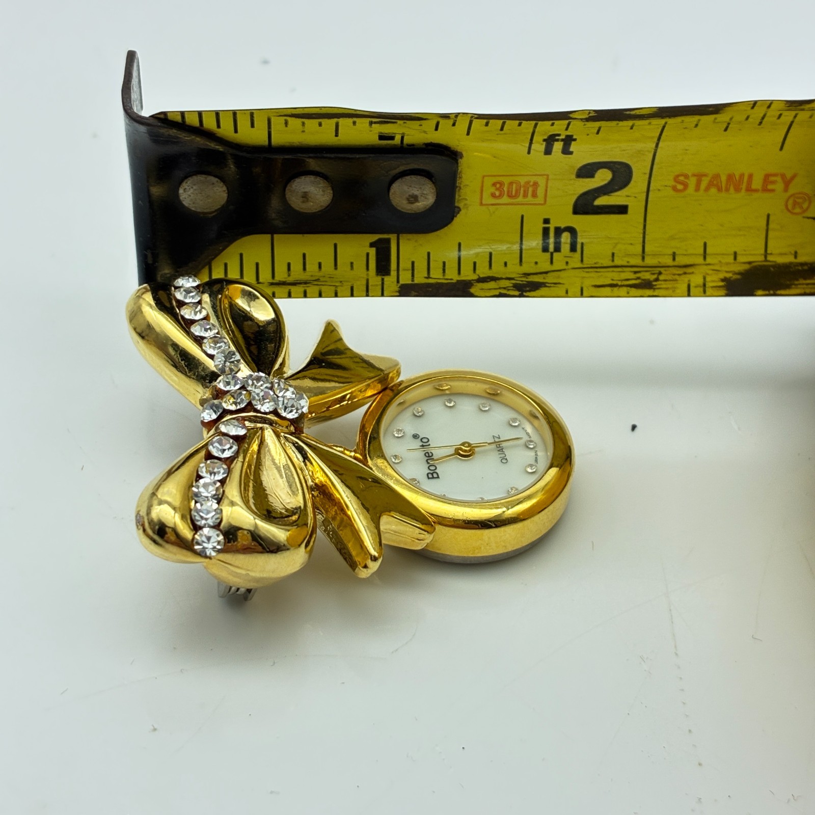 Bonetto Bow Brooch Watch Gold Tone Rhinestone Dangle Quartz Pin