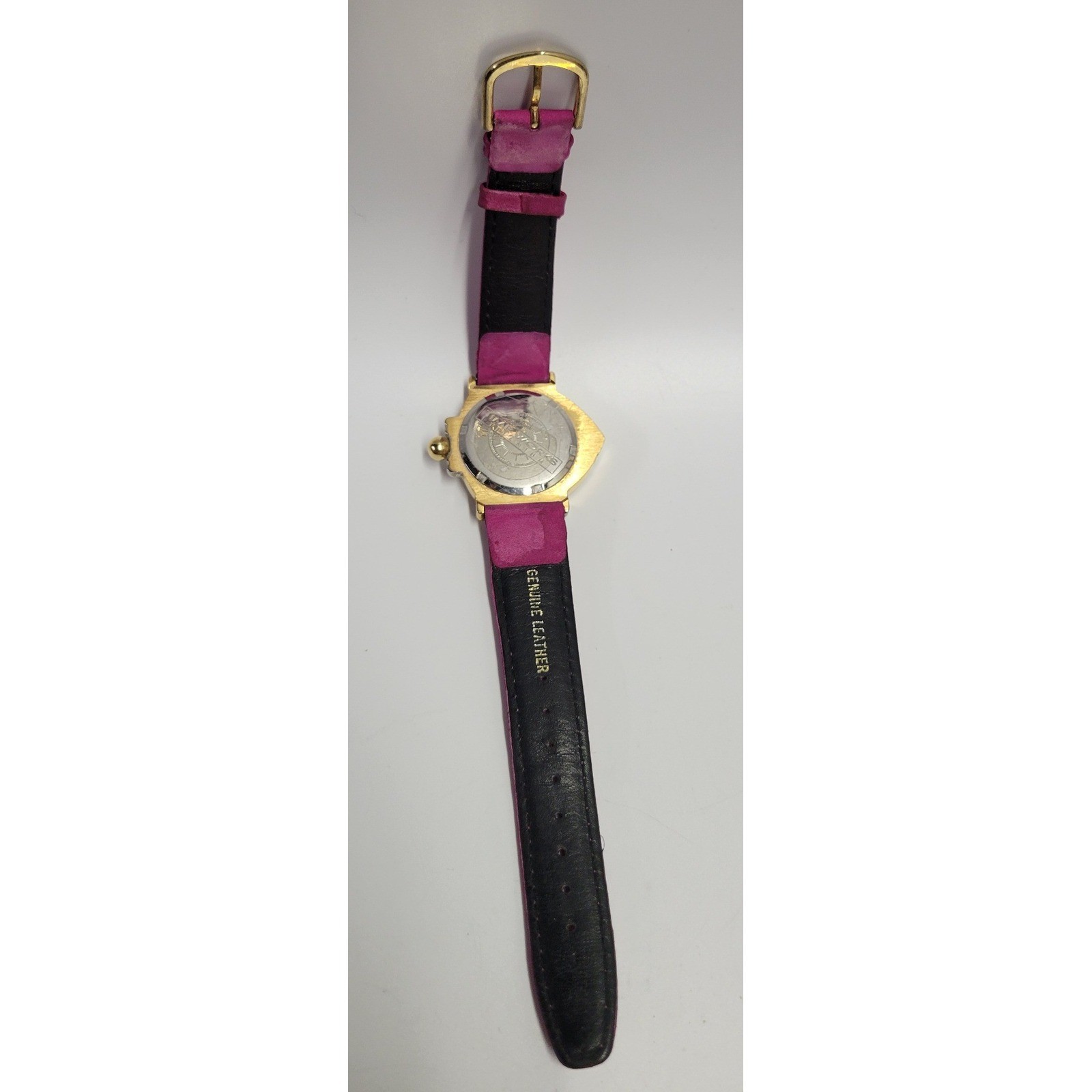 Time Works Vintage Fish Shaped Watch Titanium Quartz Pink Leather Strap Purple