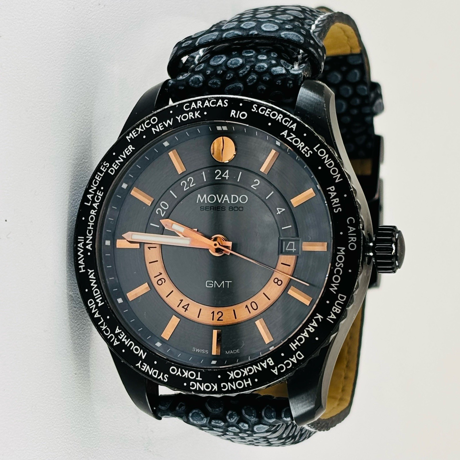 Movado Black Series 800 GMT World-Time 24 Hr Steel Watch Model 14-1-36-1207