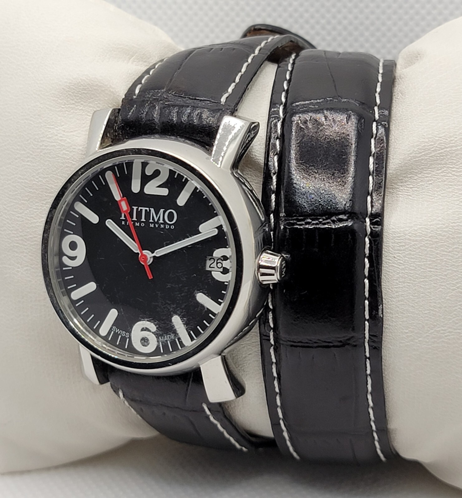Ritmo Mvndo Silver Tone Vera Pelle Black Leather Wrap Around Strap Watch G5