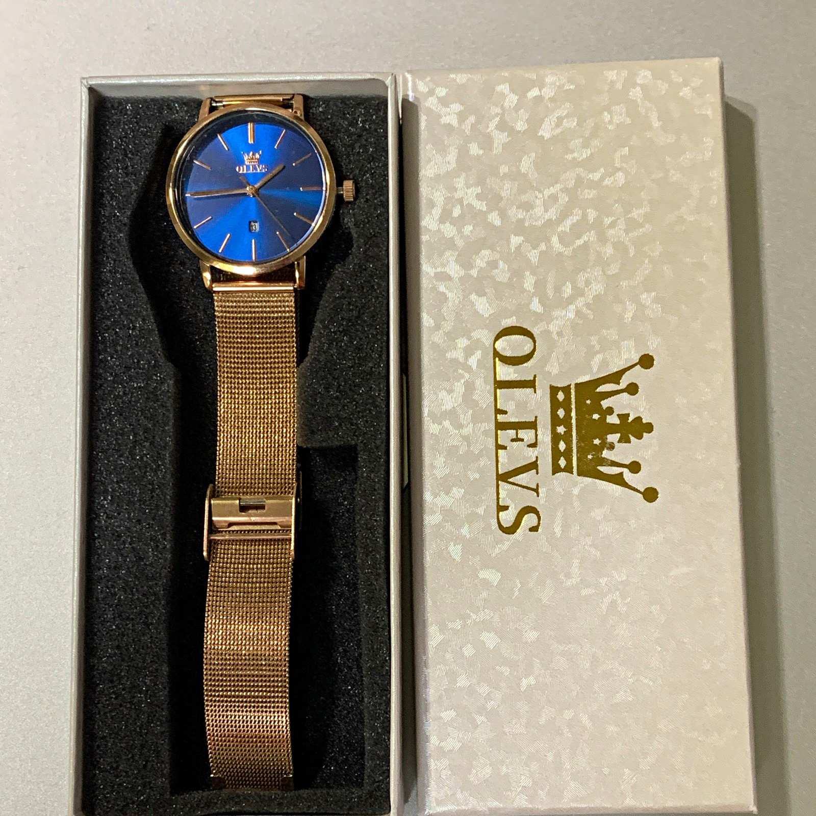 OLEVS Women’s Quartz Watch Blue Sunburst Dial Gold Mesh Band Date w/ Box