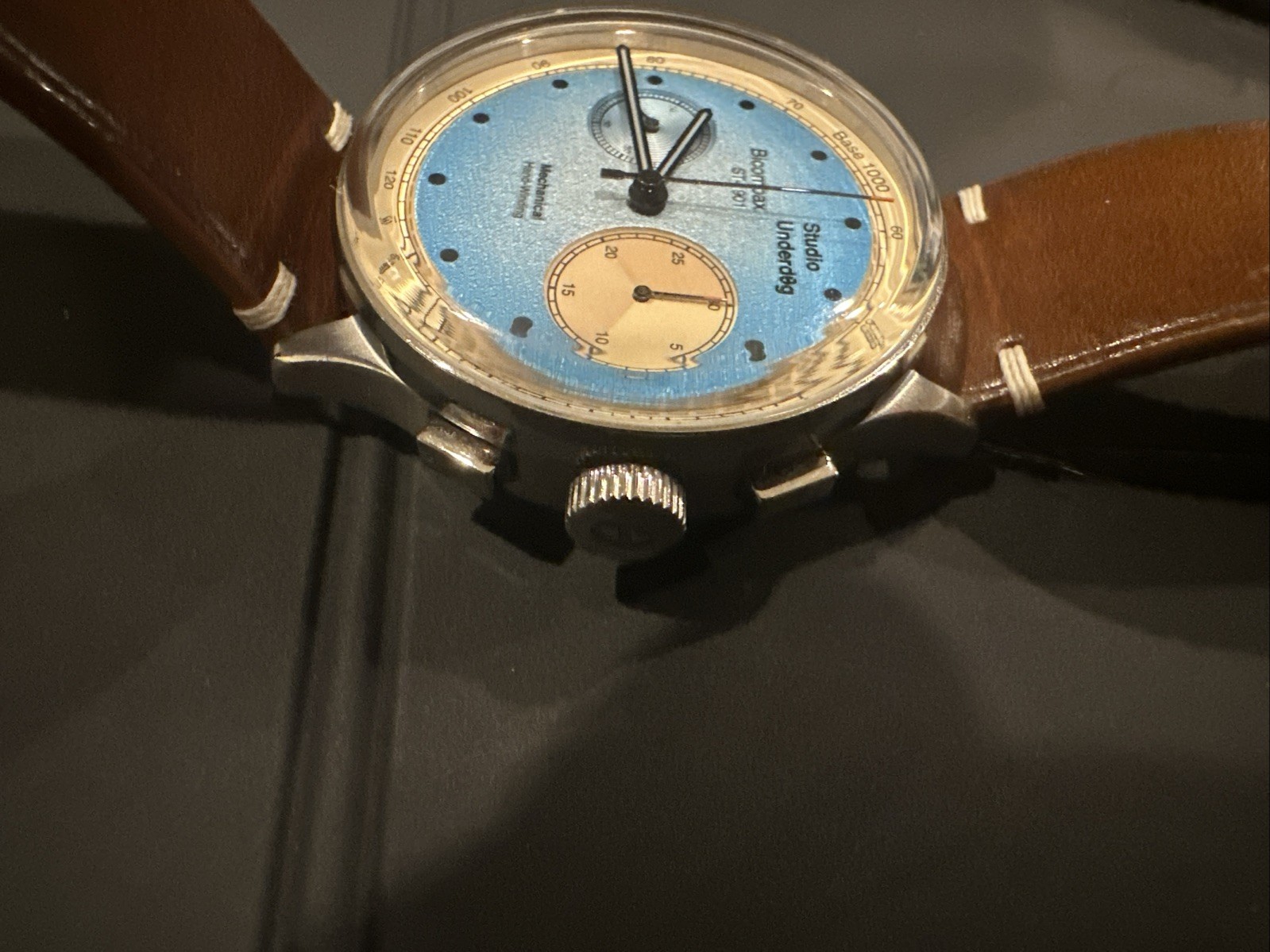 Studio Underd0g Bicompax 38mm Manual Chronograph Blue Dial Leather Strap Watch