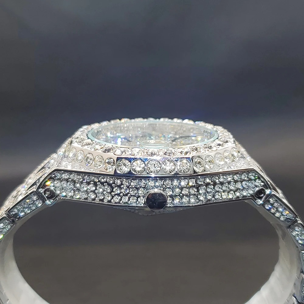 Mens Diamond Bling Watch Quartz Luxury Zircon Bezel Fashion Wristwatch