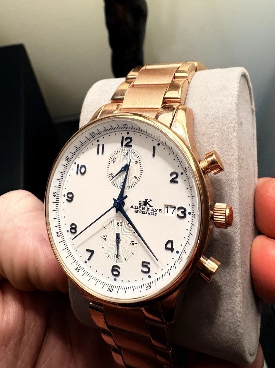 Adee Kaye Men’s Chronograph Watch White Dial W/ Blue Numerals/Hands + Date