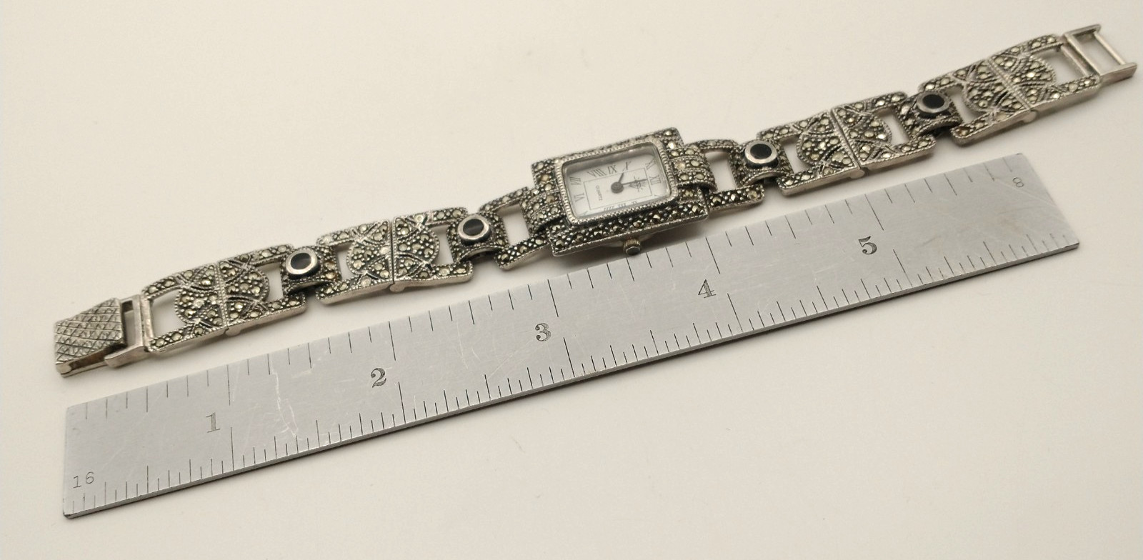 925 STERLING SILVER Marcasite & Onyx Women’s Watch, for Scrap/Repair, 36.38grams