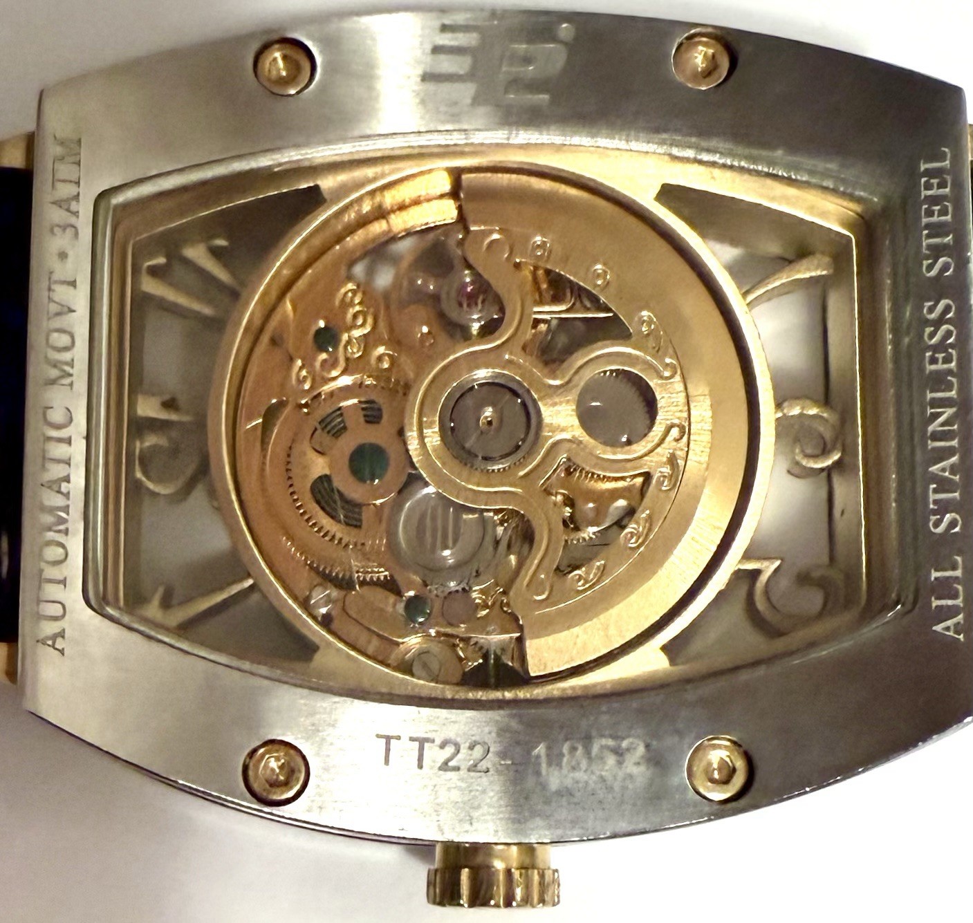 W44mm Auto Floating Goldtone Skeleton Dial | Silvertn Tonneau | 32 DEGREES Watch