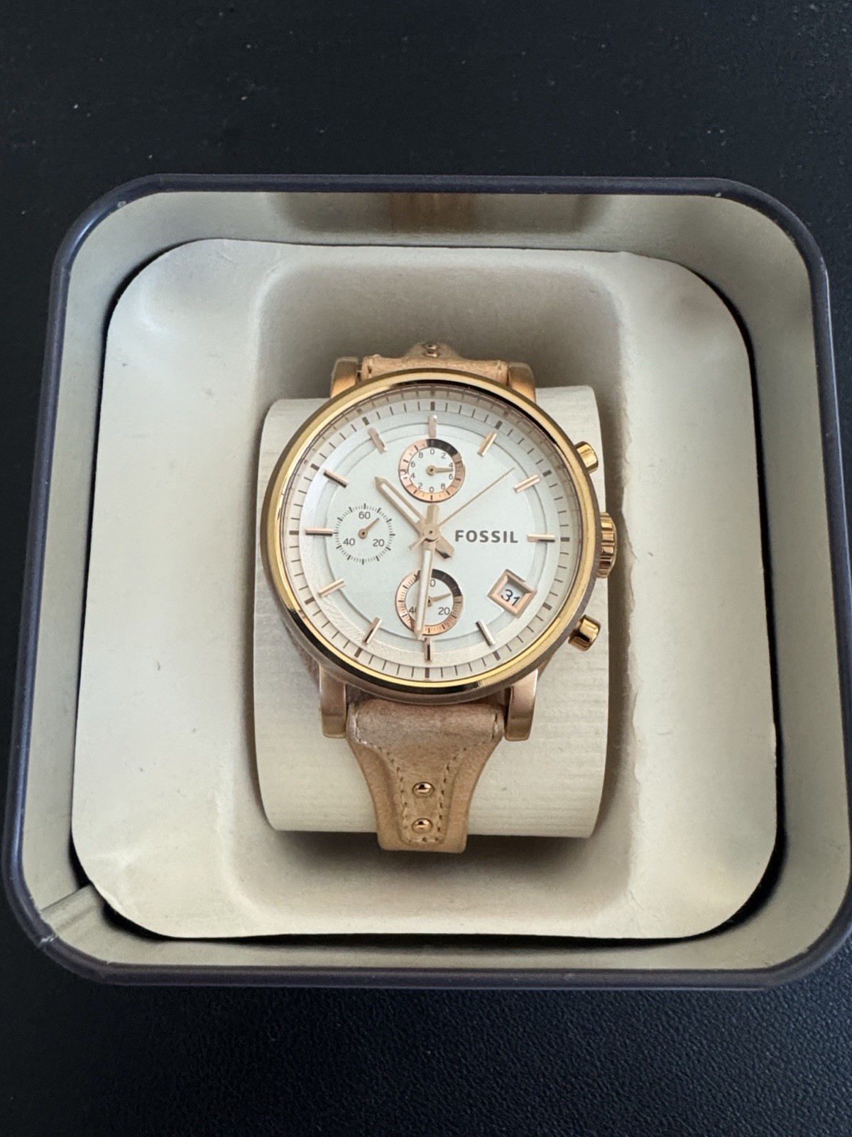 Fossil Original Boyfriend 38mm Rose Gold Watch with Cream Dial – New Battery