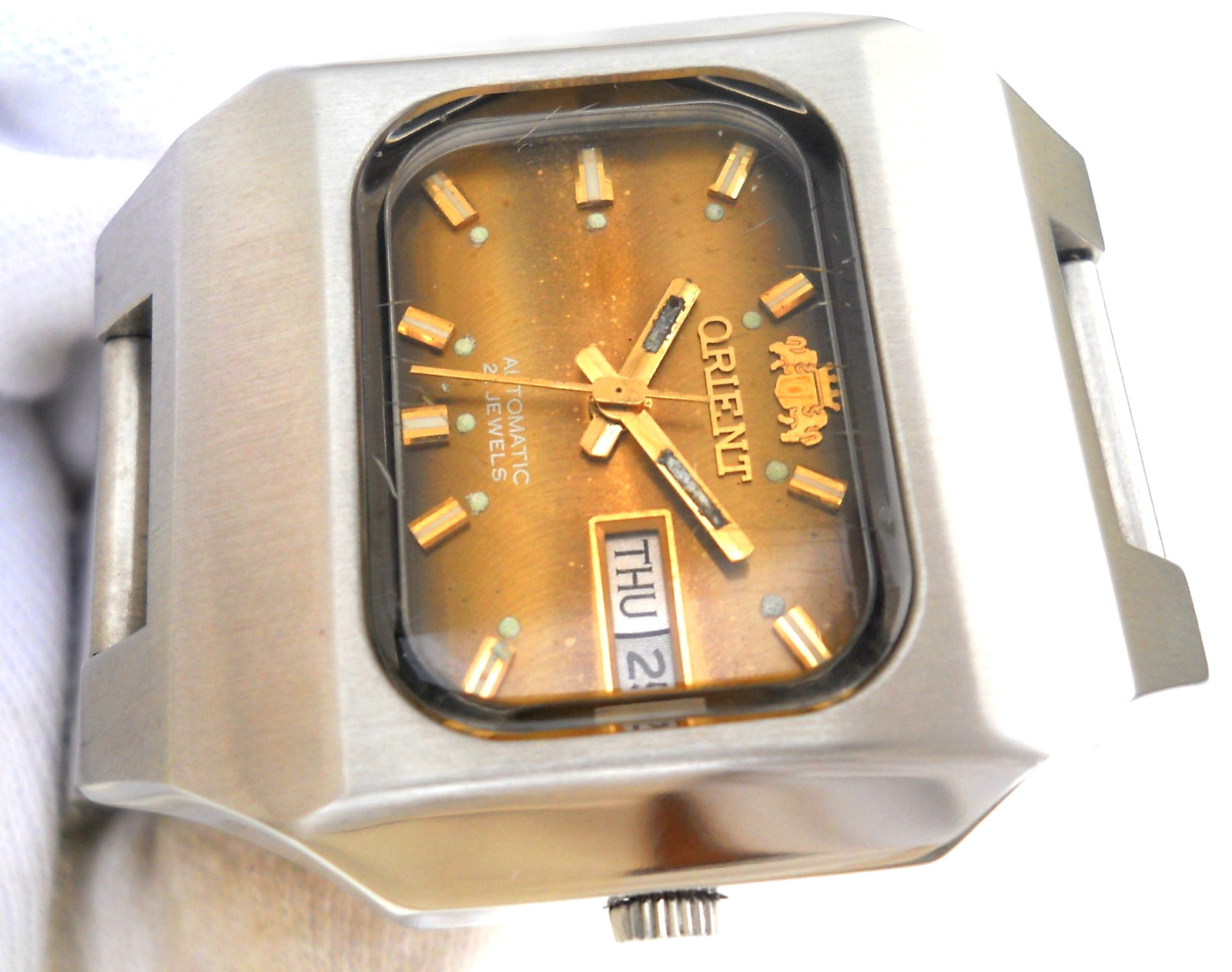 Vintage Orient 3 Star Automatic Watch Amber Gold Sunburst Dial TV Case 21J Rare