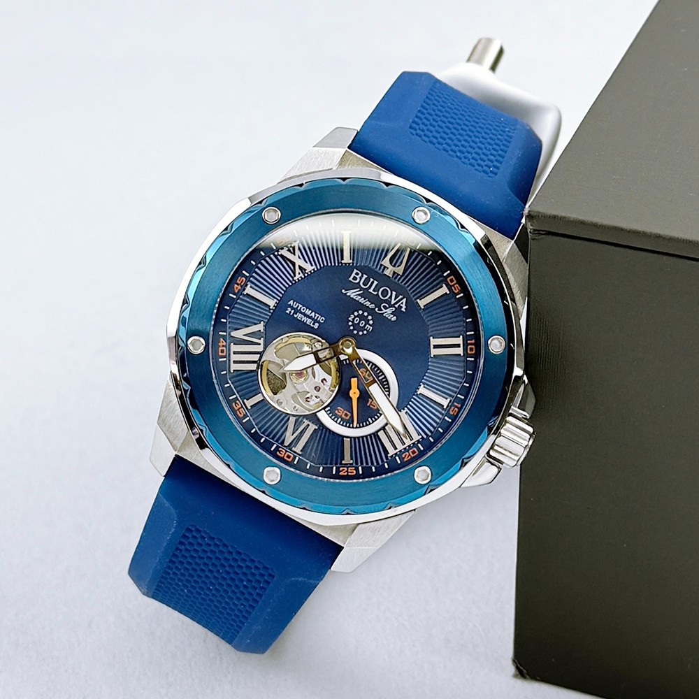 Bulova 98A303 Men’s Marine Star Series A Automatic Blue Dial Rubber Strap Watch
