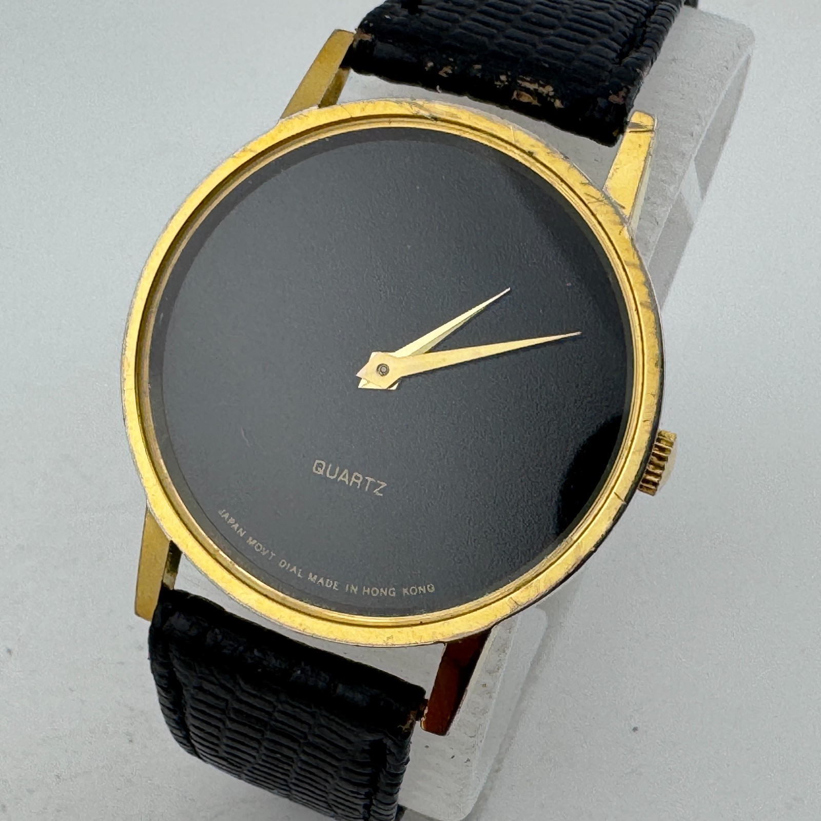 VTG GTEC Hong Kong Quartz Watch Men Gold Tone Black Leather Analog New Battery
