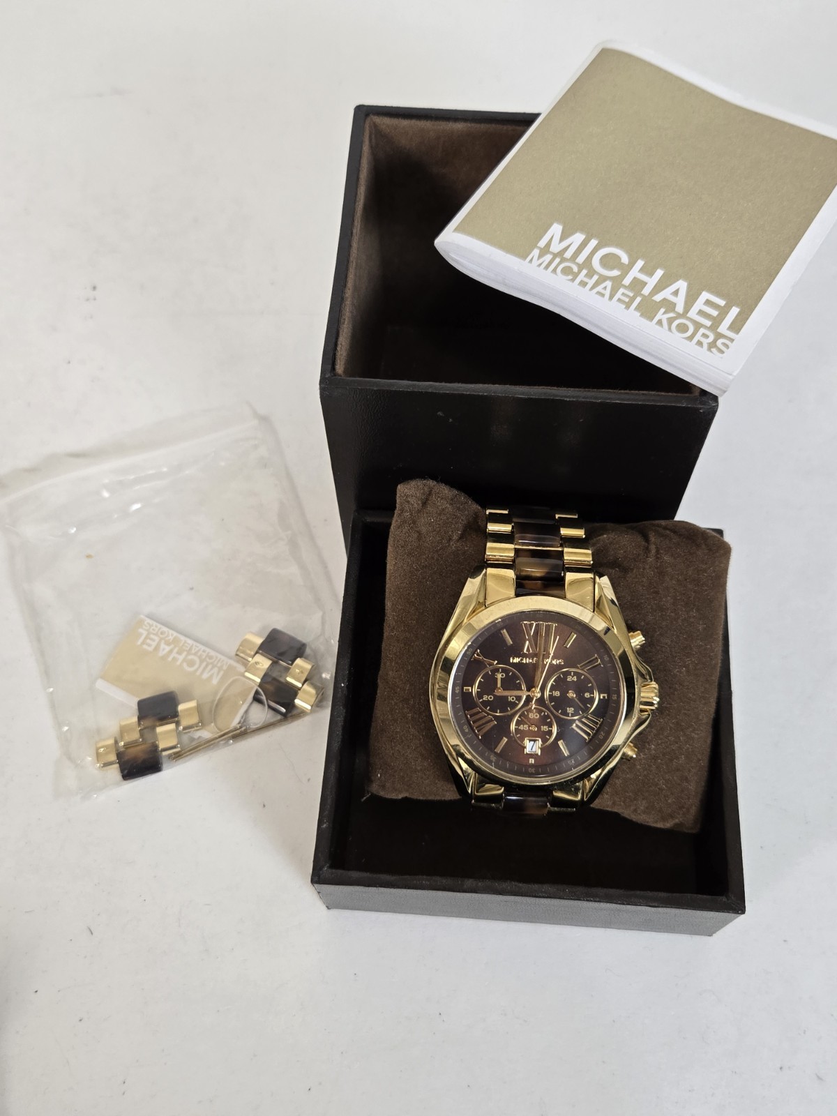 MICHAEL KORS MK 5696 BRADSHAW GOLD TONE+TORTOISE+BROWN CHRONO,ROMAN #’s WATCH