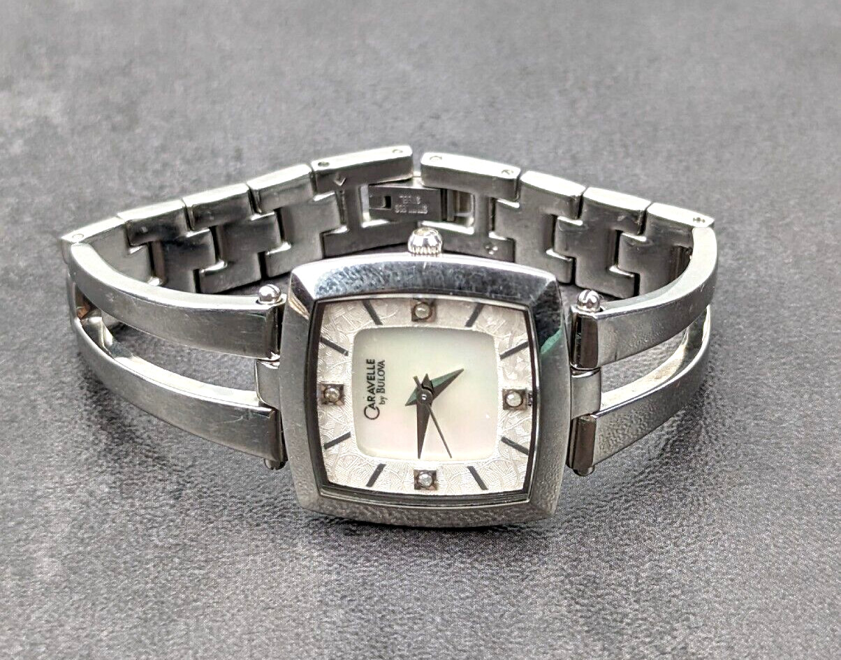 Vintage Caravelle Bulova Square Rainbow Abalone Dial Crystal Accent St Steel #D2