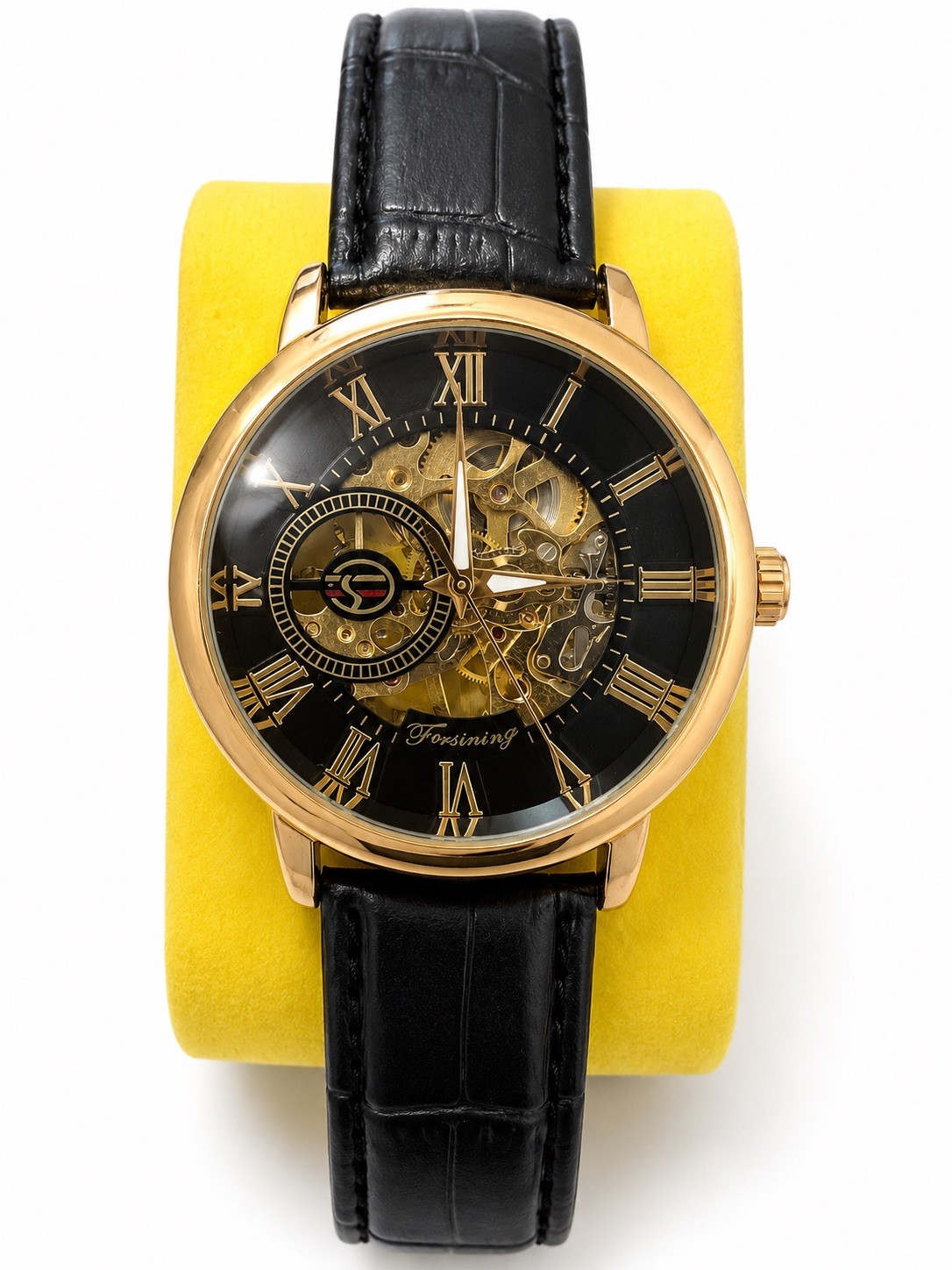 FORSINING Men’s Manual Skeleton Watch Gold Case Black Synthetic Leather Strap