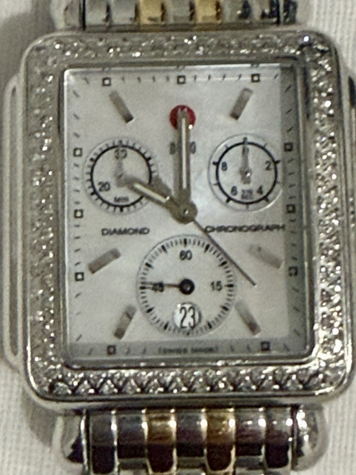 Michele Deco Diamond Chronograph Watch 71-6000 MOP Box Bands Links Complete Set