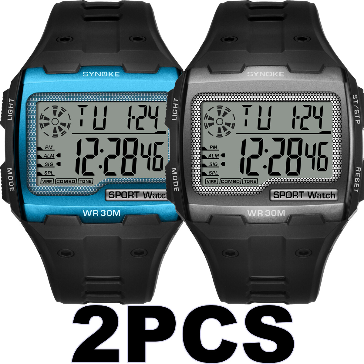 2PCS Mens Waterproof Digital Watch Multifunctional LED Display Sports Watch Gift