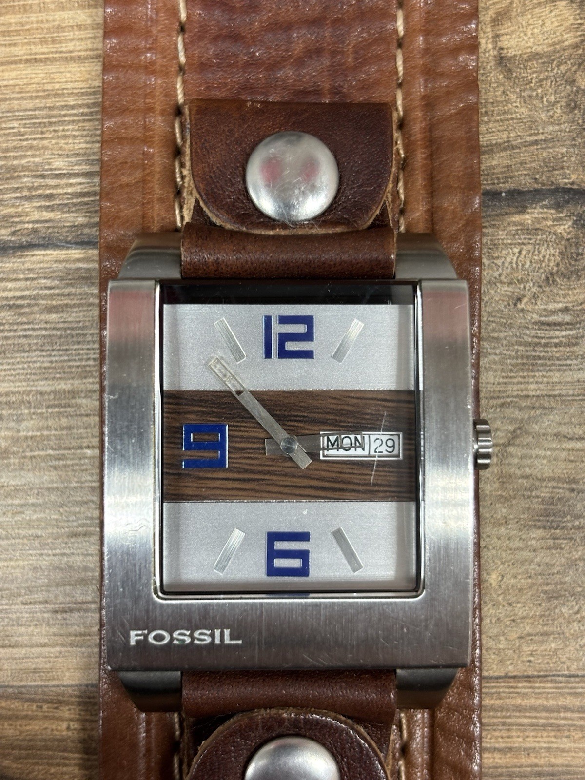 Fossil Watch Men Silver Tone Rectangle Date Retro JR-9483 Leather