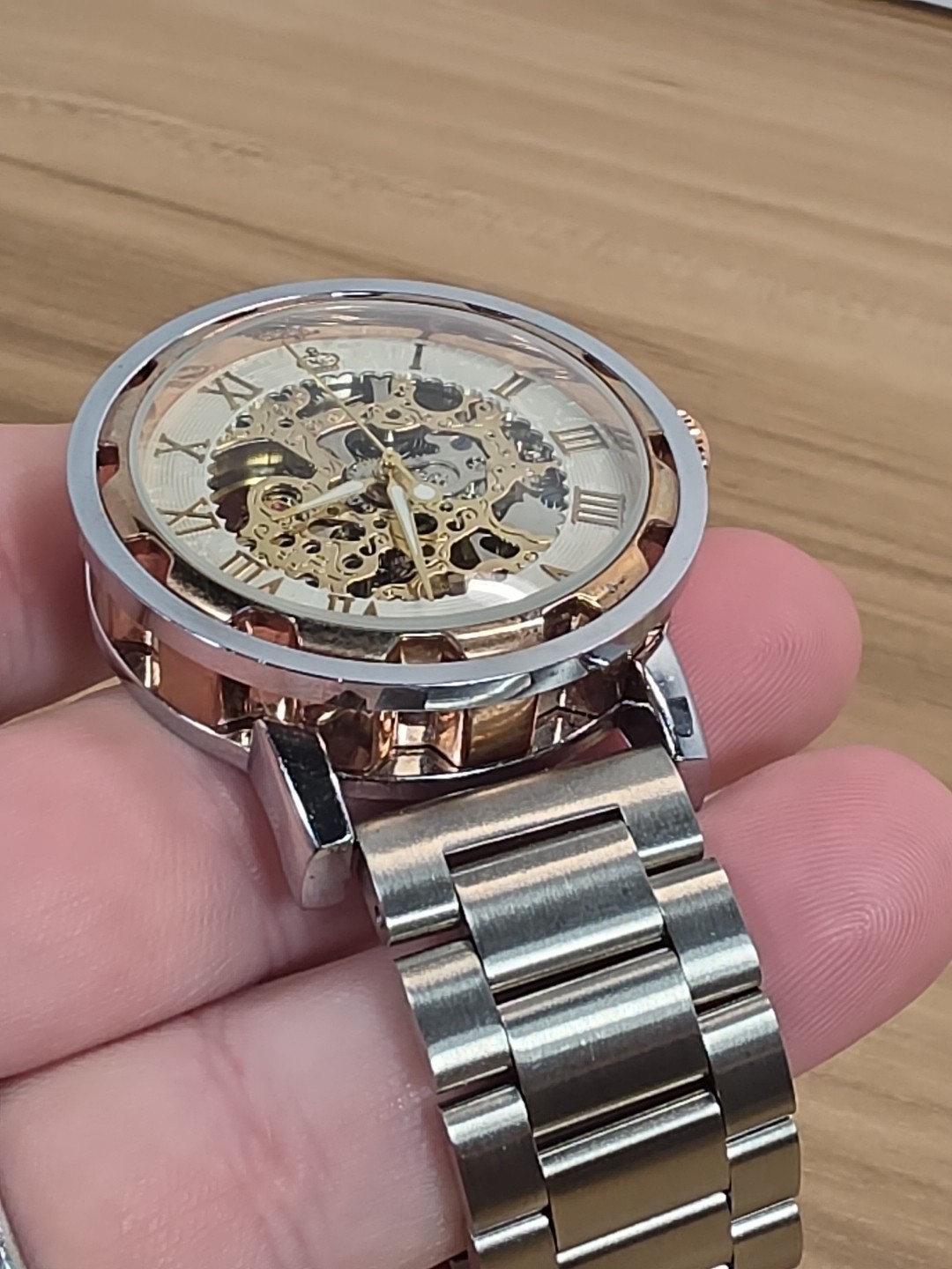 MG ORKINA AUTOMATIC SKELATON GOLD COLORED FACE WATCH WITH Silver BAND