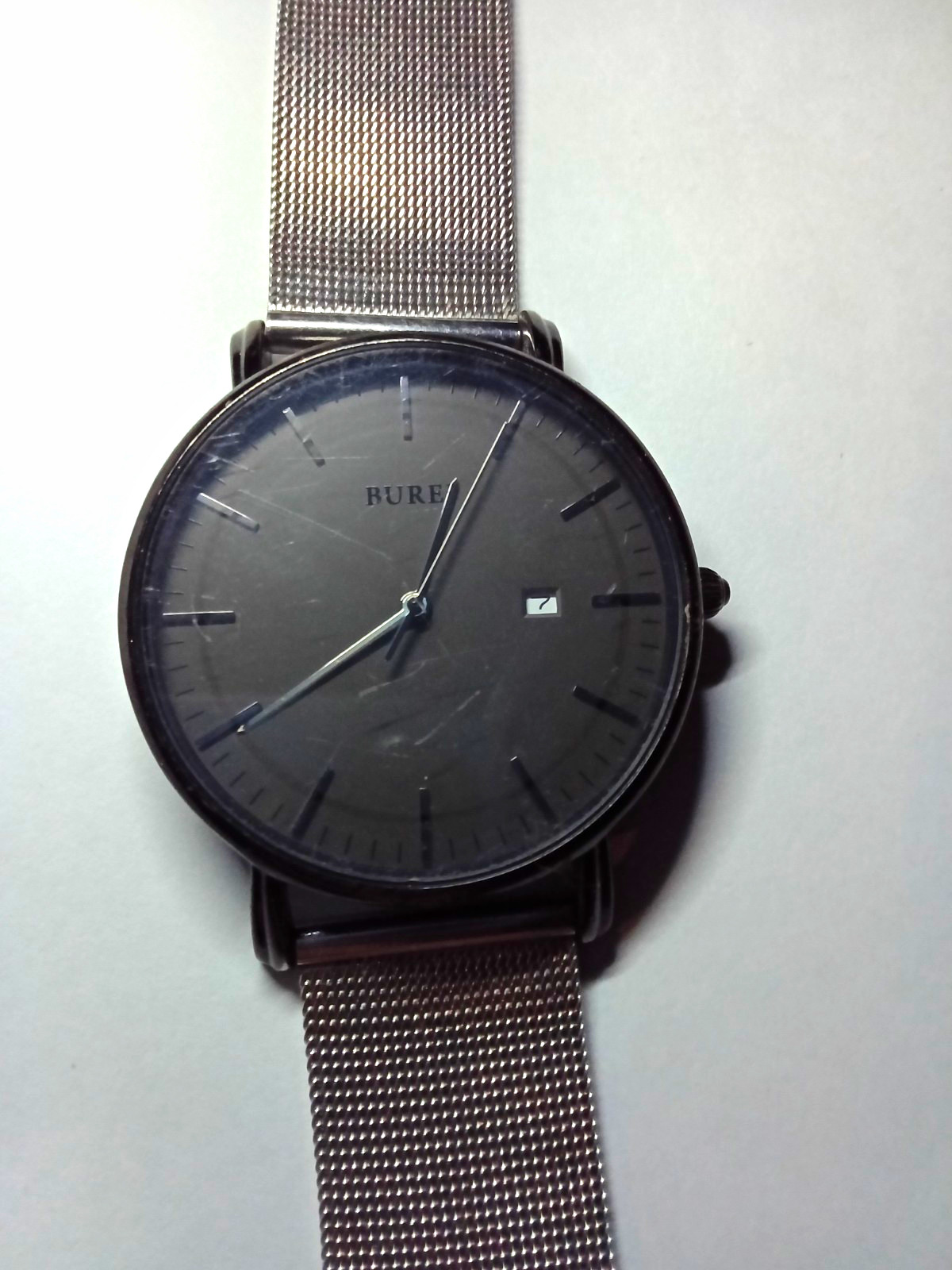 BUREI Quartz Analog Wristwatch Black Dial Date Silver Stainless Mesh Band