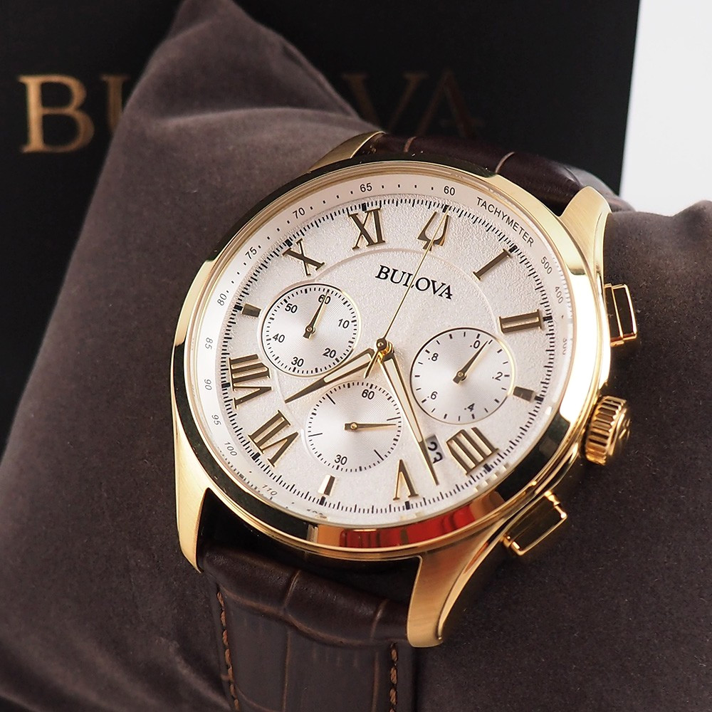 Bulova Wilton 97B169 White Textured Dial Brown Leather Men’s Quartz Watch w/ Box