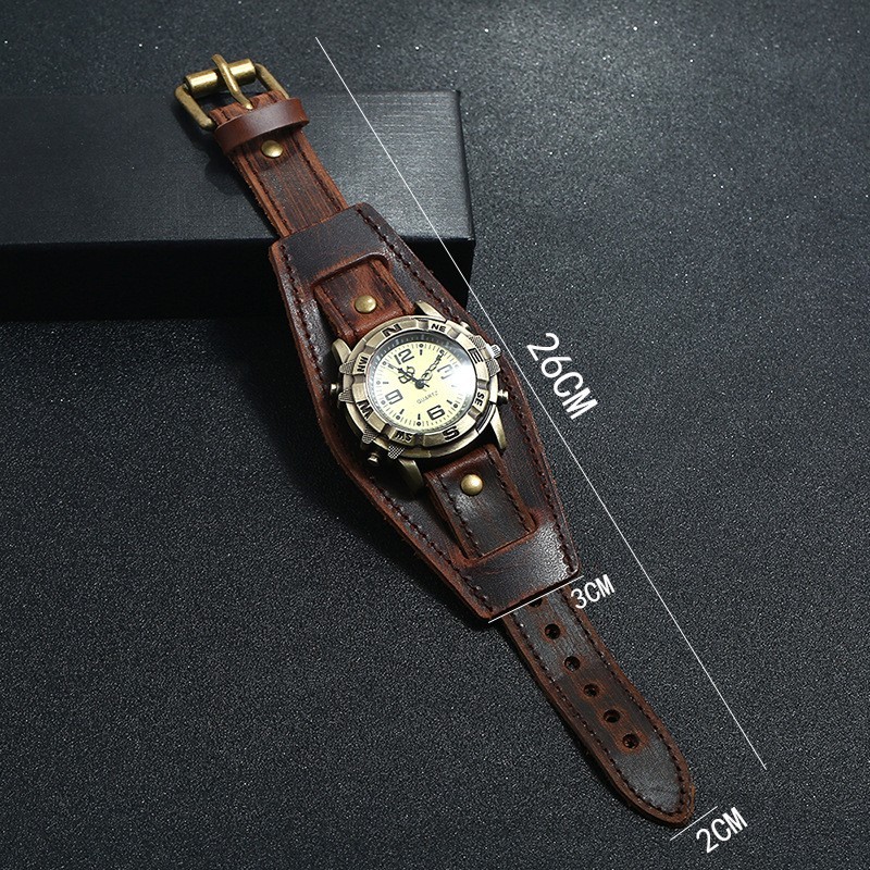 Vintage Retro Leather Cuff Bracelet Wide Band Steampunk Mens Quartz Wrist Watch⌚