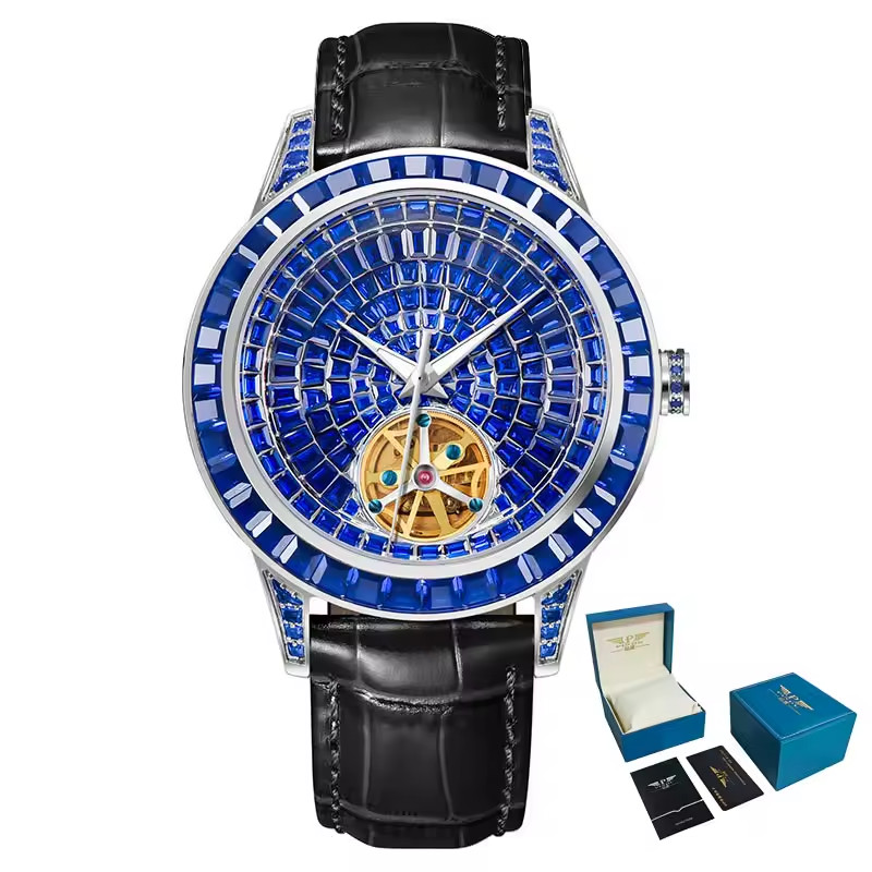 🔥USA🔥PINDU Men’s Automatic Watch Mineral Glass Blue Black Leather P5037