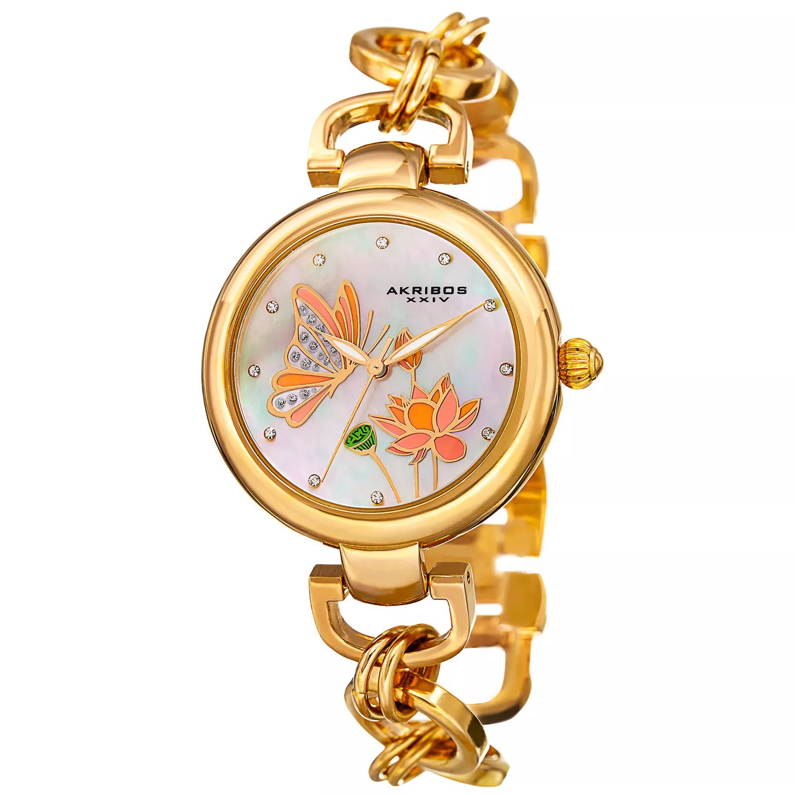 Akribos AK934YG MOP Butterfly Flower Dial Gold Tone Bracelet Womens Watch