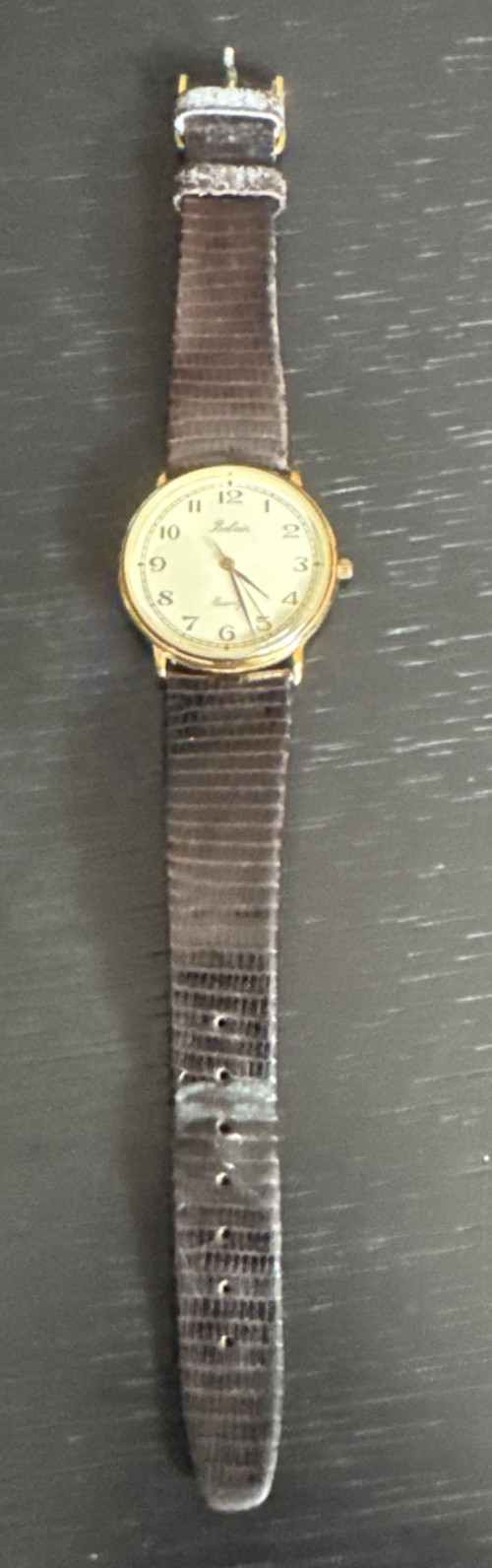 Vintage Belair Quartz Watch Gold Tone White Dial Brown Leather Band