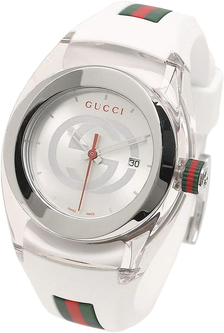 GUCCI Watch Quartz Round Mineral Glass Bar Index Logo YA137302 White NEW