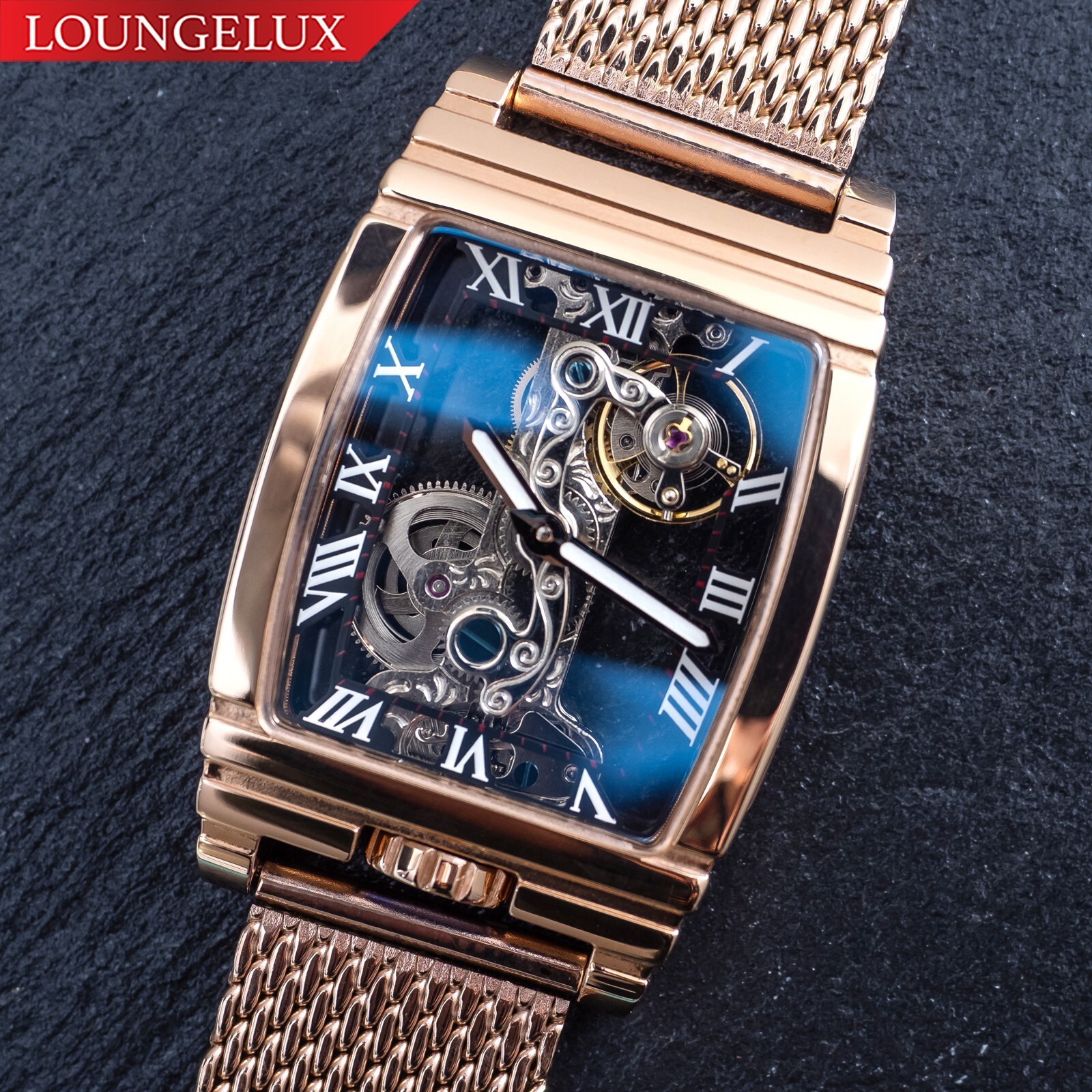 Mens Rose Gold Bridge Manual Mechanical Watch Stainless Steel Mesh Strap
