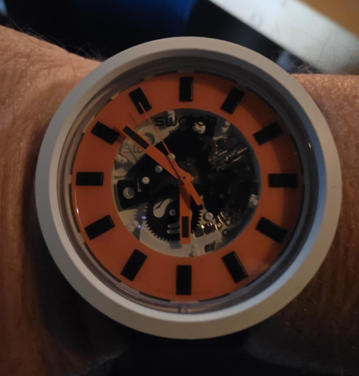 Swatch Skeleton Dial Quartz Wristwatch 40mm Orange/Black, Black Rubber Strap
