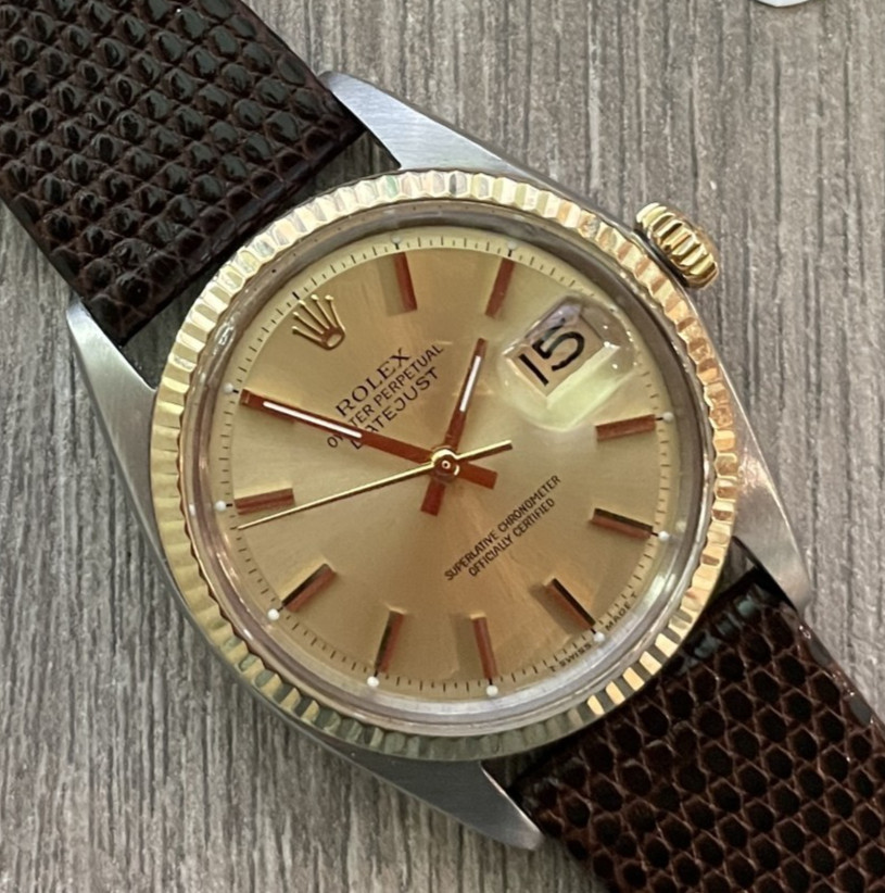 Rolex Datejust 36mm Fluted Gold Bezel Champagne Pie Pan Dial Lizard Strap