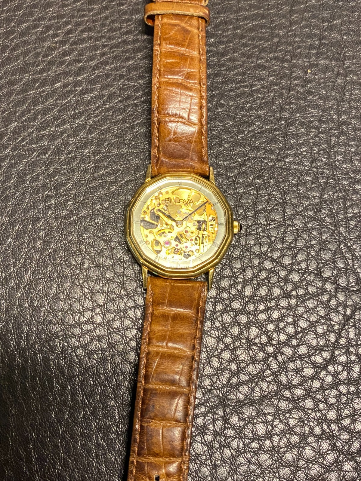 BULOVA GOLD SKELETON Unisex Leather 32mm Watch Onyx Screw
