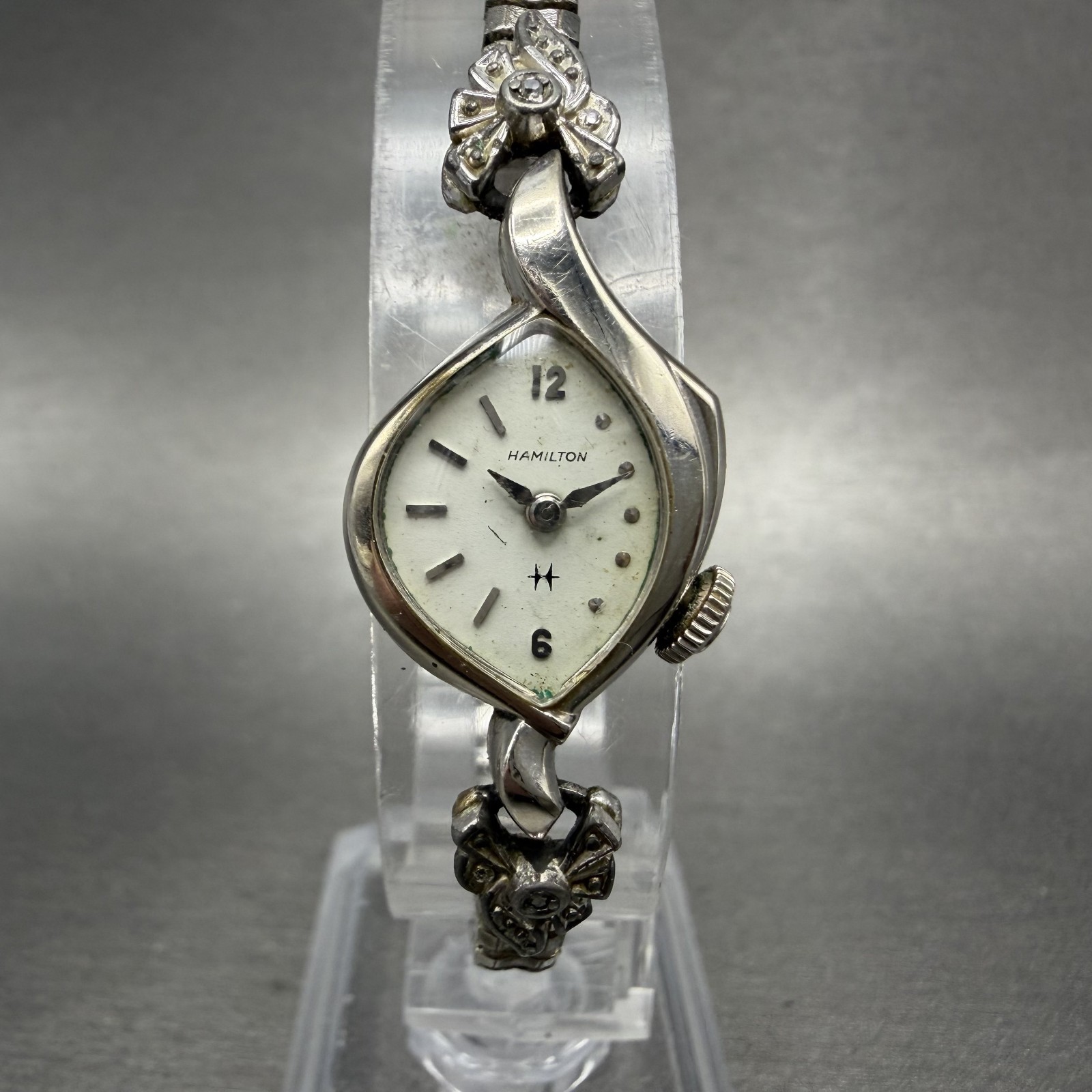Hamilton Watch Women 17mm White Dial 10K White Gold Filled Manual Asymmetrical