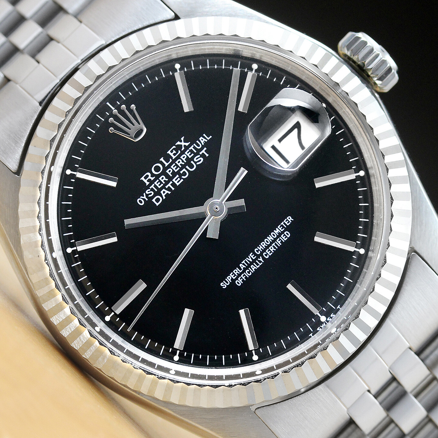 ROLEX MENS DATEJUST BLACK DIAL 18K WHITE GOLD BEZEL & STAINLESS STEEL WATCH