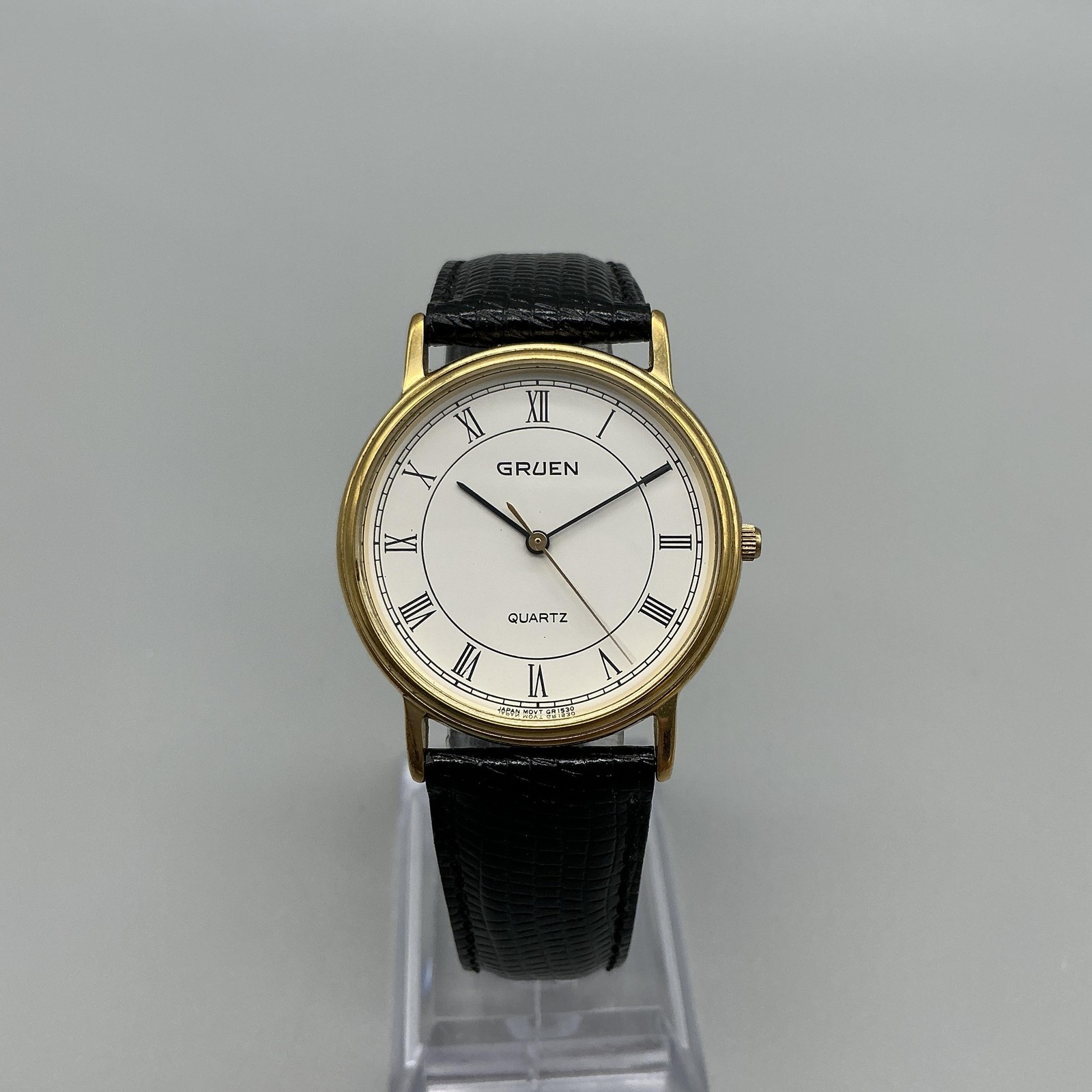 Gruen Mens Watch 32mm White Roman Dial Black Leather 243-GR1530 New Battery