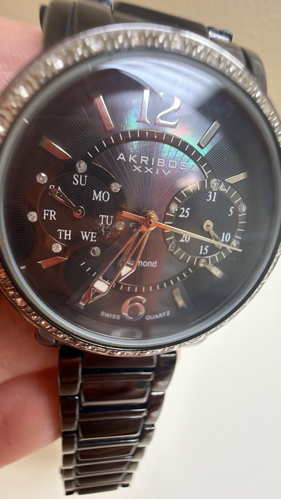 Ladies Akribos XXIV Diamond Black Wrist Watch, Adjustable Link Band