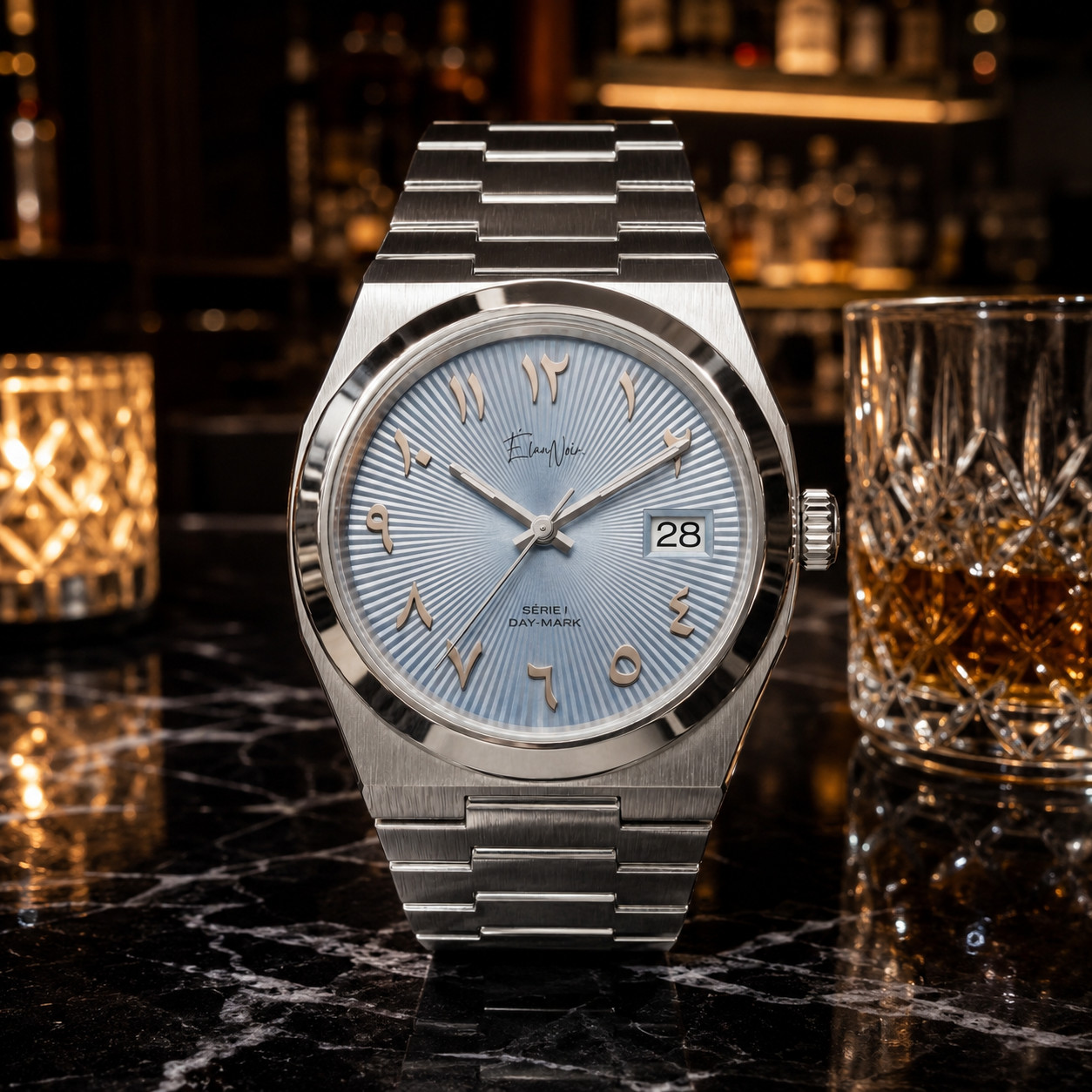 Custom Élan Noir Série I Silver/Blue 36mm Auto NH35 Sapphire Crystal Steel Watch