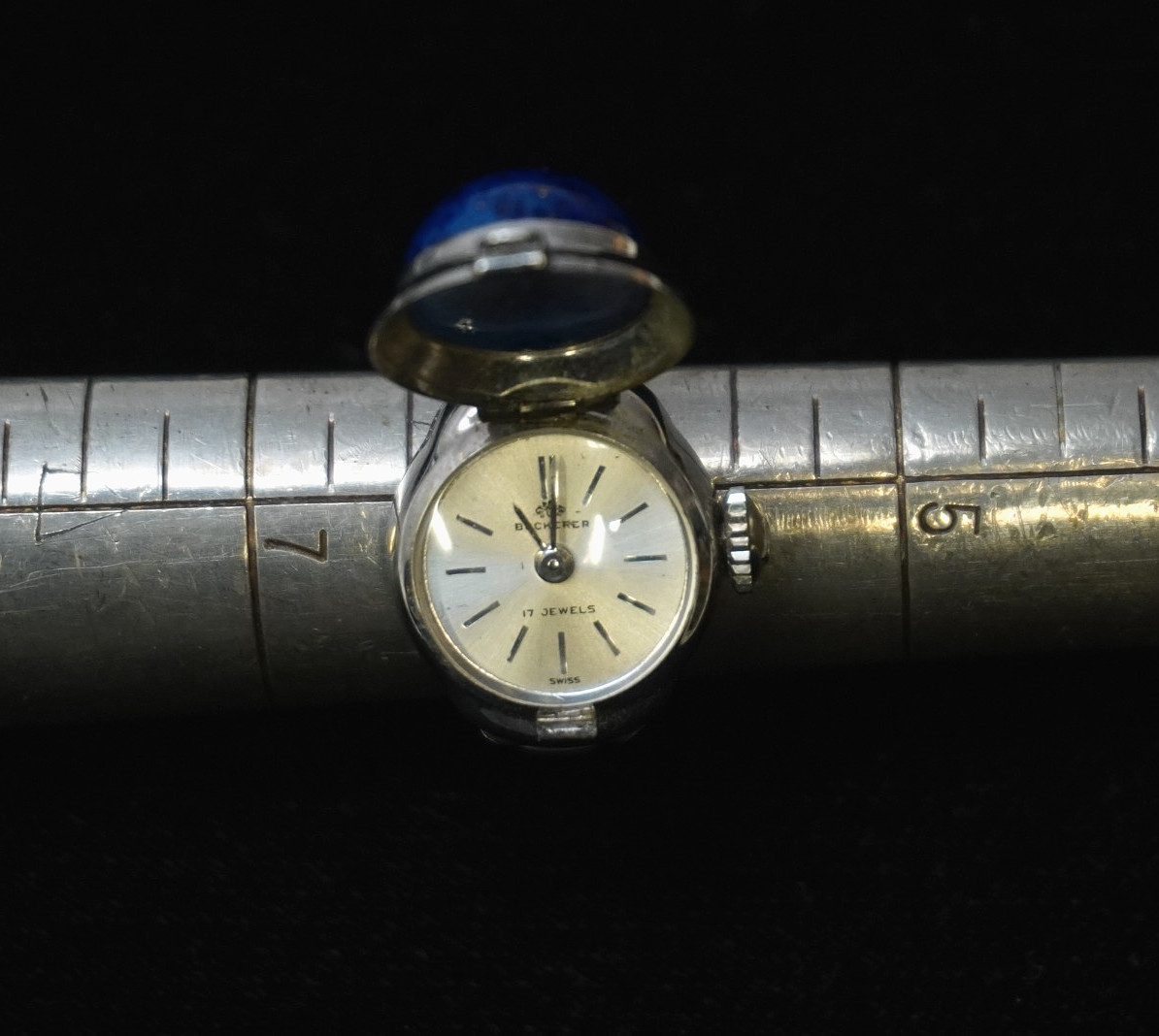 VIntage Bucherer blue sphere stone top Watch Ring 17J Sz 6