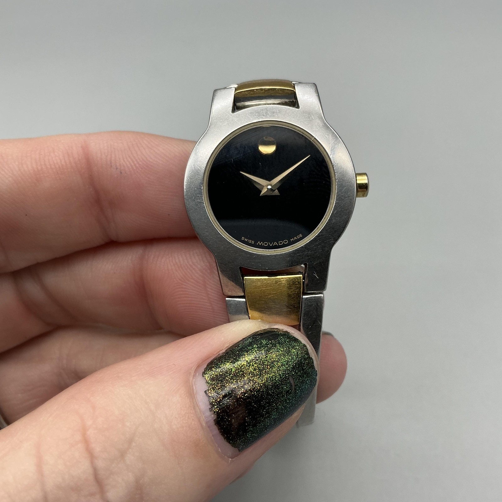 Movado Amorosa Womens Watch 24mm Black Dial Two Tone Swiss New Battery 6.5″