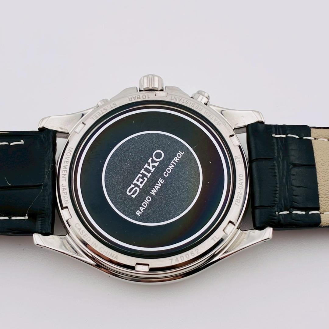 SEIKO 7B22-0AY0 Solar Wave Radio Date Watch Black Dial New Band Working