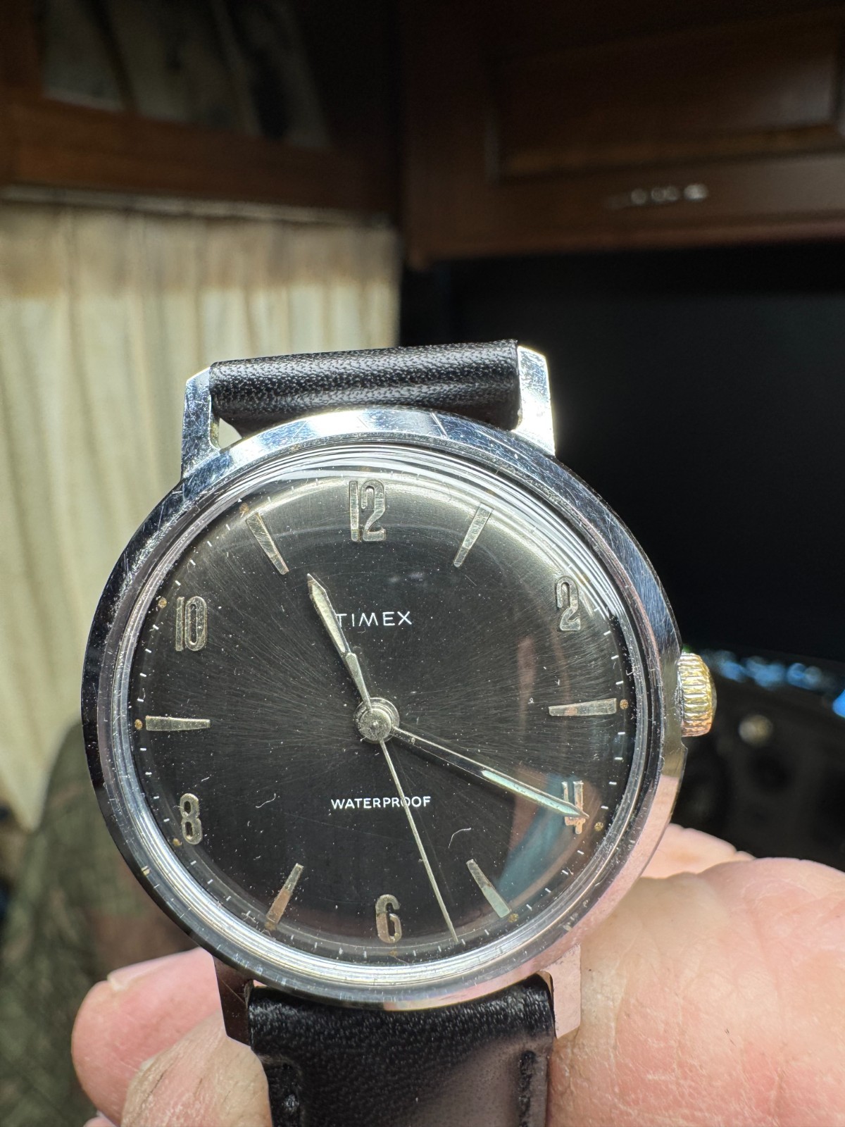 Timex Vintage 1960s Marlin Wind Up 34MM Midnight Sunburst New Crystal Runs Good
