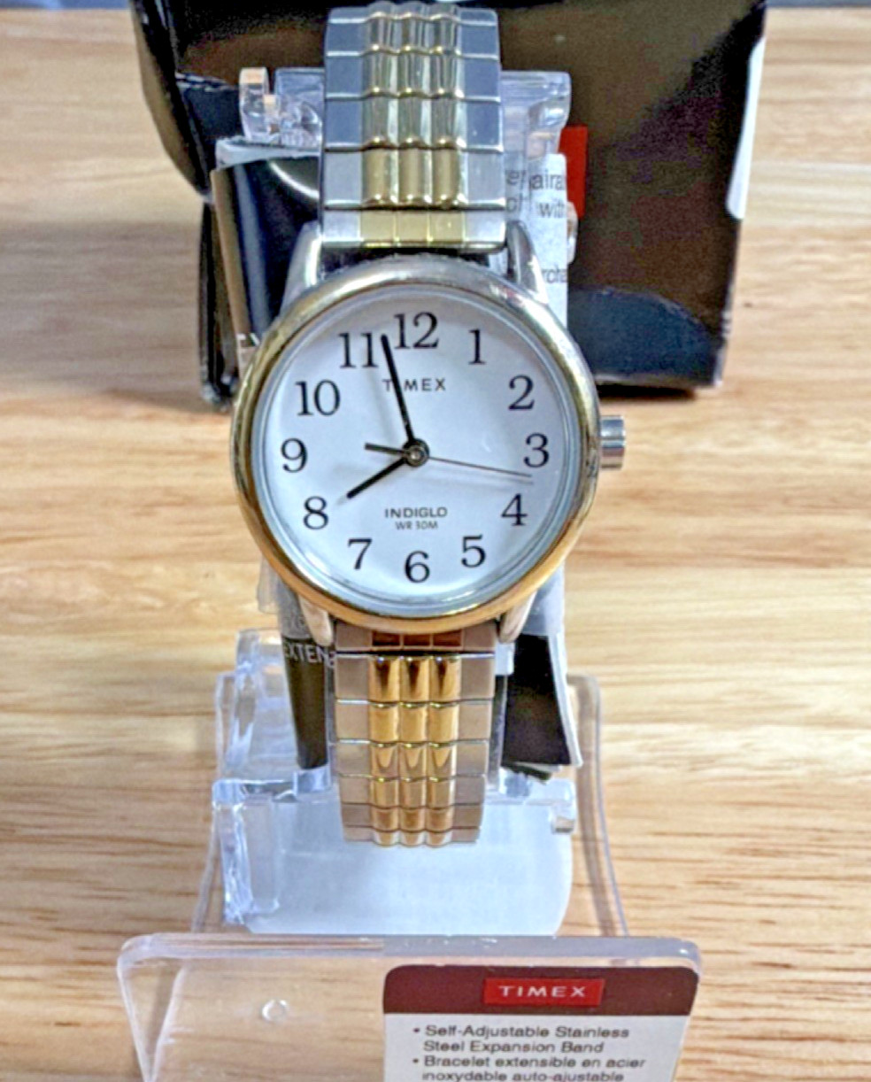 Timex Indiglo WR30M Quartz Analog White Dial Gold/Silver Bracelet Orig Box